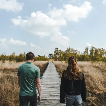 Twee wandelaars op een houten knuppelpad tussen de hoge grassen in Nationaal Park De Peel lopend op de wandelroute De Peel - Knuppelbrug Rood.